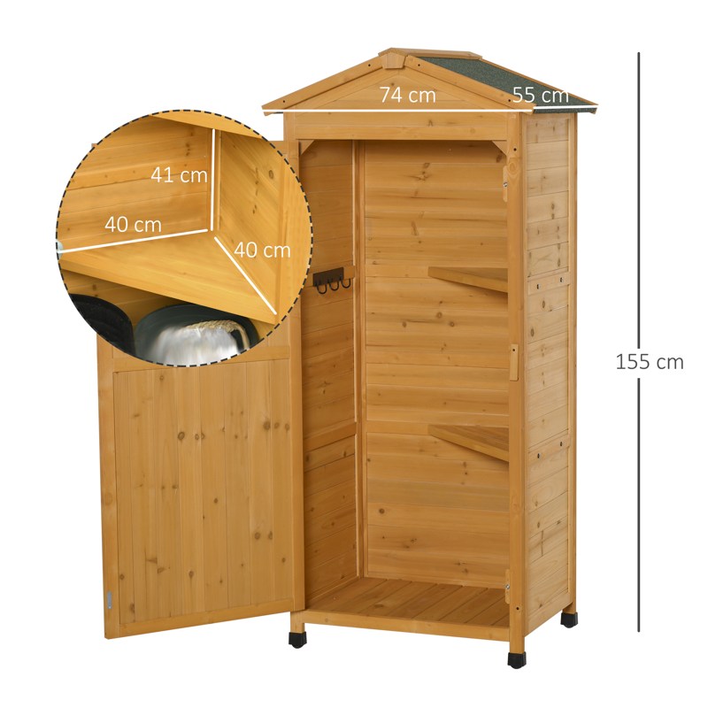 Outsunny Wooden Garden Shed, Outdoor Storage Cabinet with 2 Shelves and Hooks, Locking Organiser Outdoor Narrow Tool House, 74x55x155cm, Yellow
