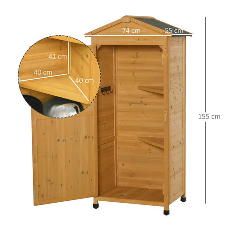 Outsunny Wooden Garden Shed, Outdoor Storage Cabinet with 2 Shelves and Hooks, Locking Organiser Outdoor Narrow Tool House, 74x55x155cm, Yellow