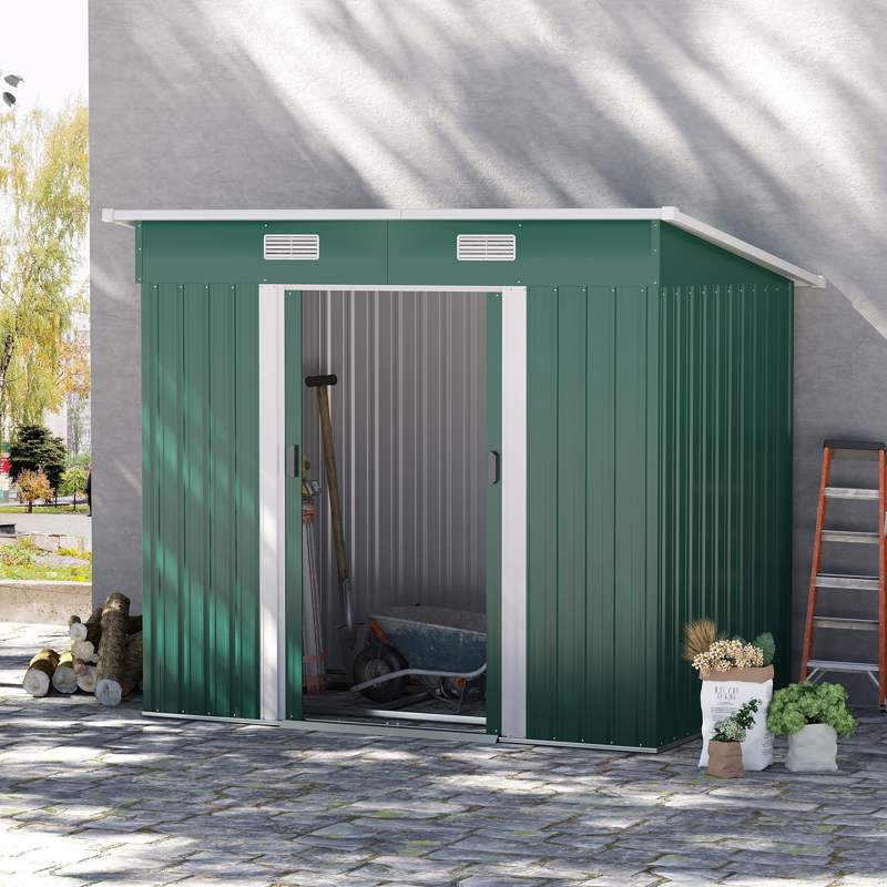 Outsunny 7 x 4ft Outdoor Storage Shed with Foundation Kit, Lean to Metal Garden Shed for Log, Rubbish Bin, Tool, Lawnmower, Bike, Patio and Lawn Use, Green