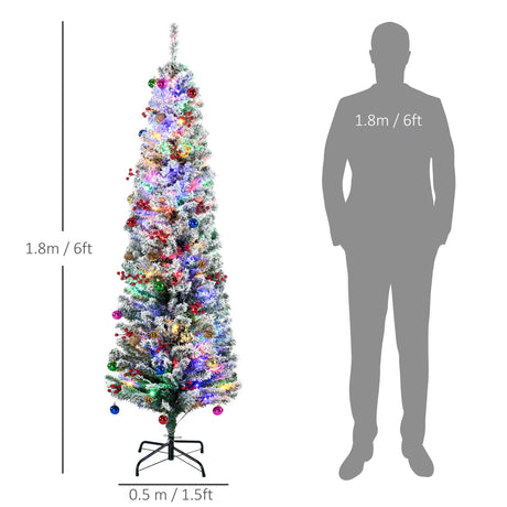 HOMCOM 6' Artificial Prelit Christmas Trees Holiday Dcor with Colourful LED Lights, Flocked Tips, Berry, Pine Cone
