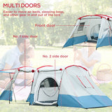 Outsunny 6-8 Person Tunnel Tent, Camping Tent with Bedroom, Living Room, Sewn-in Floor, 3 Doors and Carry Bag, 2000mm Water Column for Fishing, Hiking, Sports, and Traveling, Blue