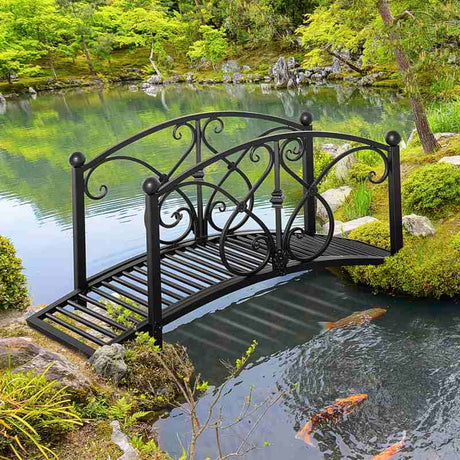 Outsunny 102L x 48W x 49H Classic Metal Garden Bridge with Safety Railings Arc Footbridge Decorative Pond Bridge for Backyard Creek Stream, Black