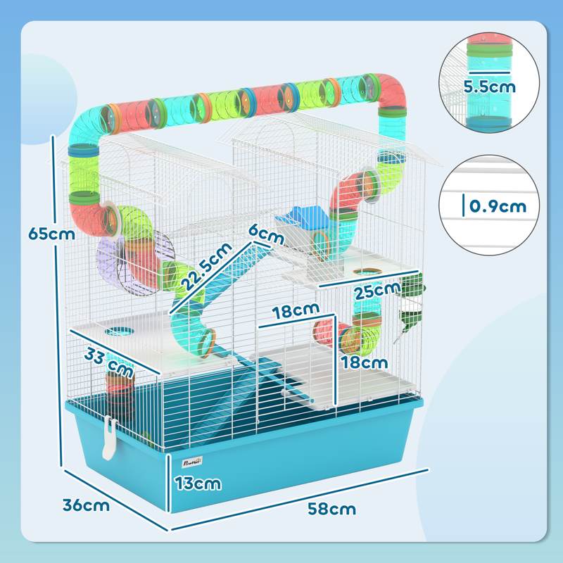 PawHut 4 Tier Hamster Cage w/ Tubes, Exercise Wheel, Hut, Water Bottle, Food Dish, Ramps, for Drawf, 58 x 36 x 65cm, Light Blue