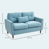HOMCOM 2 Seater Sofa with Spring Cushion, Fabric Sofa with Wooden Legs, Modern Love Seat for Living Room, 140cm Width Tufted Couch for Bedroom, Light Blue