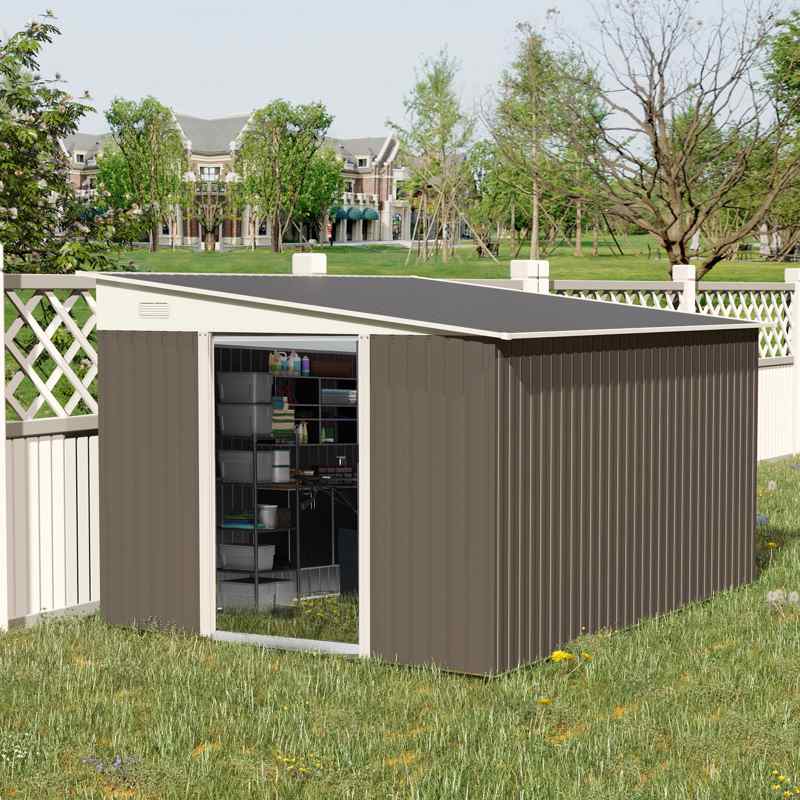 Outsunny 11.3 x 9.2ft Lean to Metal Garden Shed, Outdoor Galvanised Tool Storage House with Double Sliding Doors and 2 Air Vents, Grey