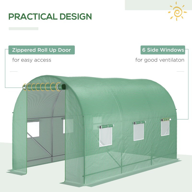 Outsunny 3.5 x 2m Walk-In Polytunnel Greenhouse, with Steel Frame, PE Cover, Roll-Up Door and 6 Windows, Green