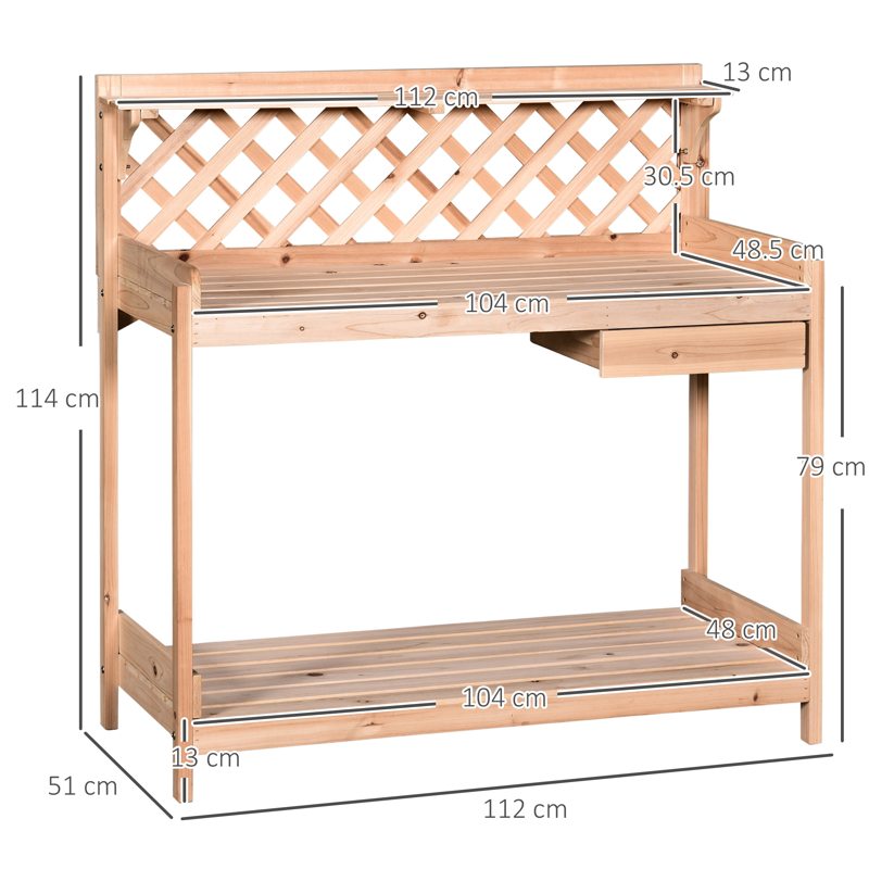 Outsunny Wooden Garden Potting Table with Drawer Flower Plant Work Bench Workstation Tool Storage Shelves Outdoor Grid