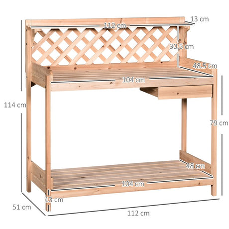 Outsunny Wooden Garden Potting Table with Drawer Flower Plant Work Bench Workstation Tool Storage Shelves Outdoor Grid