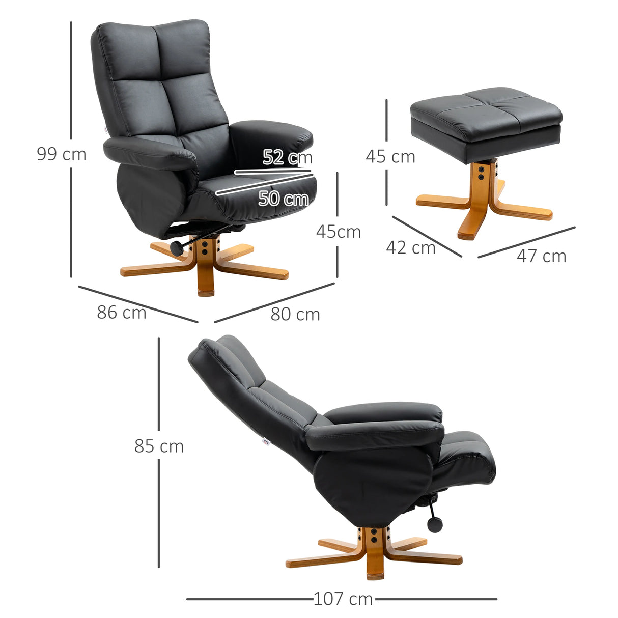 HOMCOM PU Leather Swivel Recliner Chair with Footstool, Wooden Base and Storage for Living Room, Black