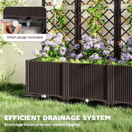 Outsunny Raised Garden Bed with Trellis, Plastic Planter Box with Drainage Holes, Drain Plugs and Water Reservoirs for Climbing Plants, Vegetables, Flowers, Brown