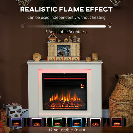 HOMCOM Electric Fireplace with 12 Colours Realistic Flame Effect & 5 Brightness Levels, 1000W/2000W Inset Electric Fire and Mantel Reach up to 30 m2 Space with Remote & Timer for Living Room, White