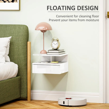 HOMCOM Floating High Gloss Bedside Table - High Gloss White
