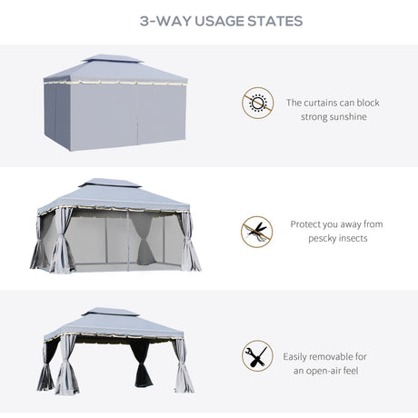 Outsunny 3 x 4m Aluminium Garden Gazebo, Marquee Canopy Shelter Pavilion Party Tent with Nets and Curtains for Garden and Deck, Grey
