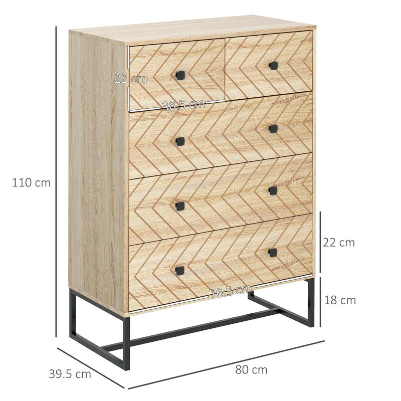 HOMCOM 5 Drawer Chest Sideboard Cabinet Storage Unit Bedroom Home Unique Zigzag Design w/ Black Metal Handles Anti Tip & Top