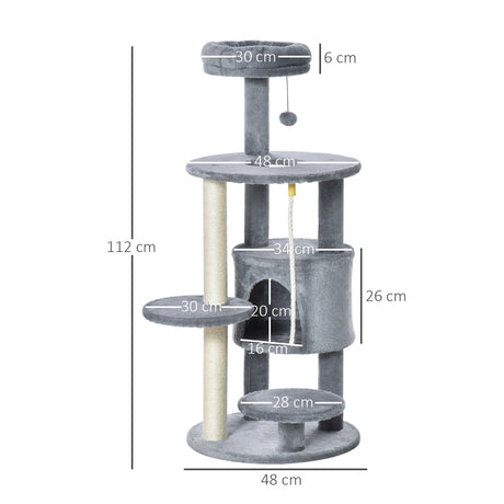 PawHut Cat Tree Tower for Indoor Cats 112cm Climbing Kitten Activity Center with Jute Scratching Post Perch Hanging Ball Toy Teasing Rope Dark grey