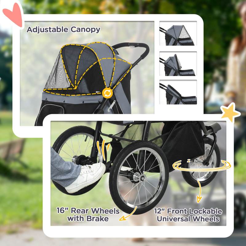 PawHut Dog Pram Dog Stroller Jogger Foldable Pet Pushchair for Medium, Small Dogs, w/ Rubber Wheels, Washable Cushion - Grey