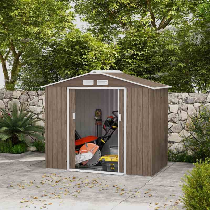 Outsunny 7 x 4ft Metal Garden Storage Shed with Vents, Floor Foundation Kit and Lockable Double Doors, Light Brown