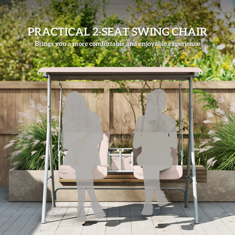 Outsunny 2 Seater Garden Swing Chair Patio Rocking Bench w/ Tilting Canopy, Double Padded Seats, Storage Bag and Tray, Beige