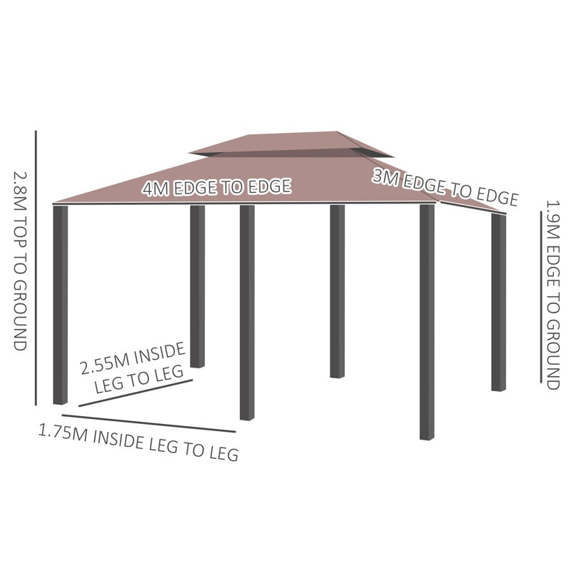 Outsunny 4m x 3(m)Garden Gazebo, Double Roof Outdoor Gazebo Canopy Shelter with Curtains, Solid Steel Frame for Lawn and Deck, Brown