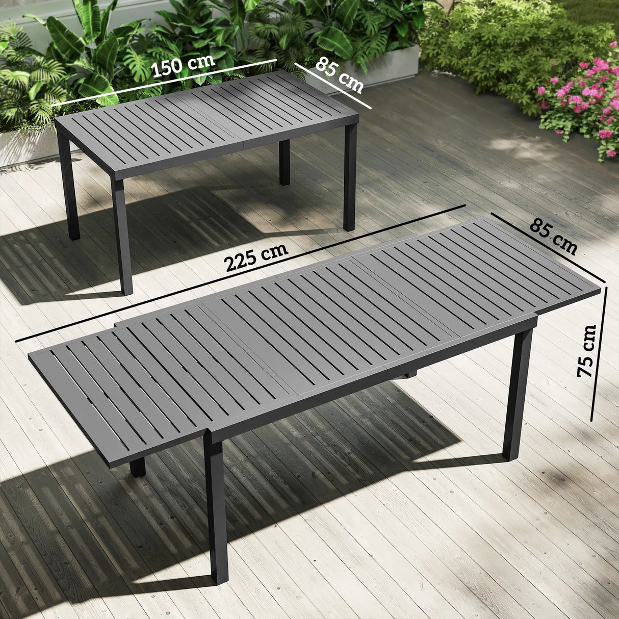 Outsunny Extending Garden Table for 6-8 People, Full Aluminium Outdoor Dining Table with Slatted Top, Dark Grey