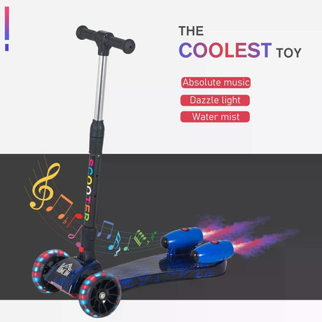 HOMCOM Kids Scooter, 3 Wheel Foldable Kick Scooter Adjustable Height w/ Flashing Wheels, Music, Water Spray for 3-6 Years, Blue