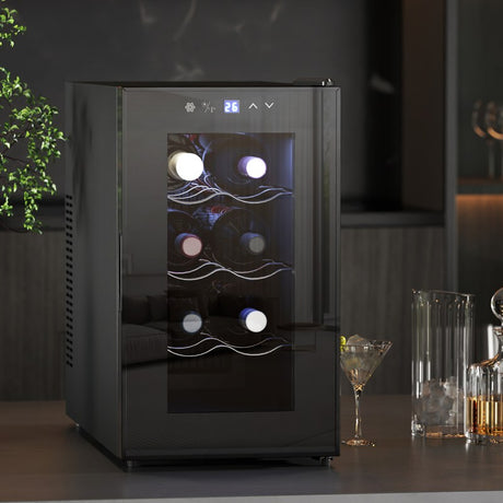 HOMCOM Mini Freestanding Wine Cooler Fridge, 8 Bottle, 21L, 26.5cm Quiet Thermoelectric Under Counter Drinks Beer Wine Fridge with Glass Door, LED Light, Digital Touch Screen, Temperature Control