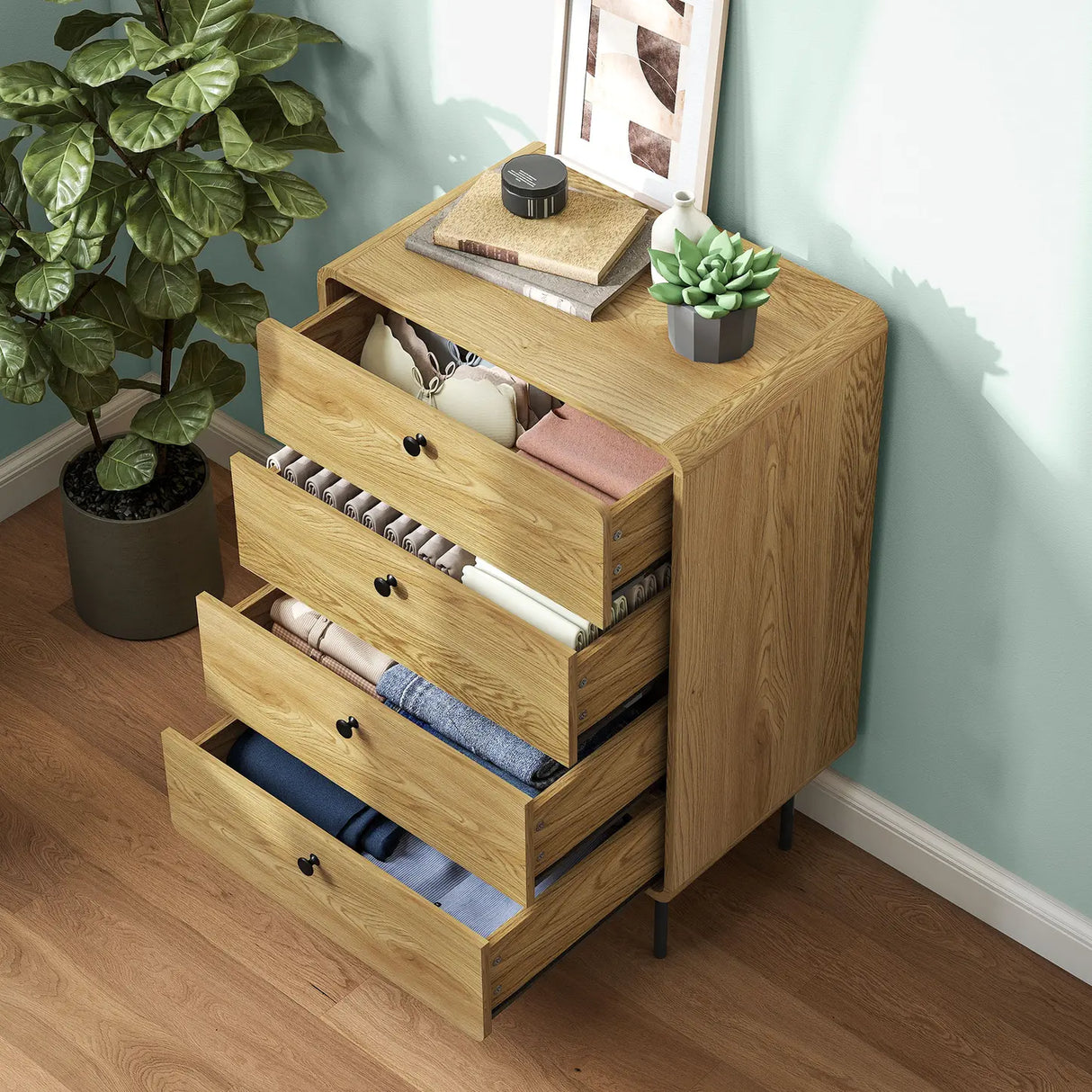 HOMCOM Modern Chest of Drawers with 4 Drawers - Oak