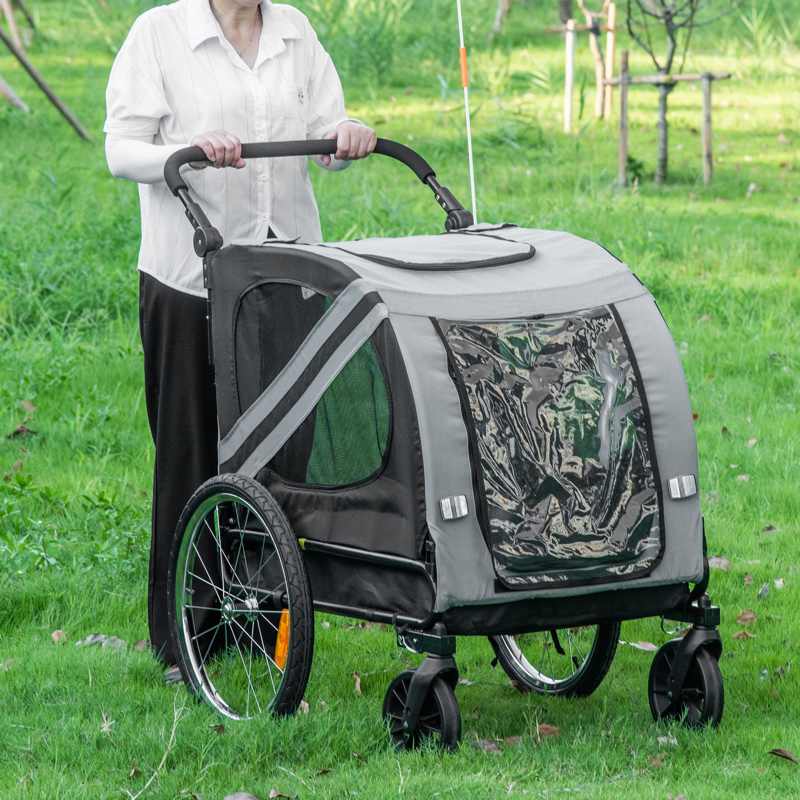 PawHut 2-In-1 Pet Bike Trailer Dog Stroller Pushchair with Universal Wheel Reflector Flag Grey