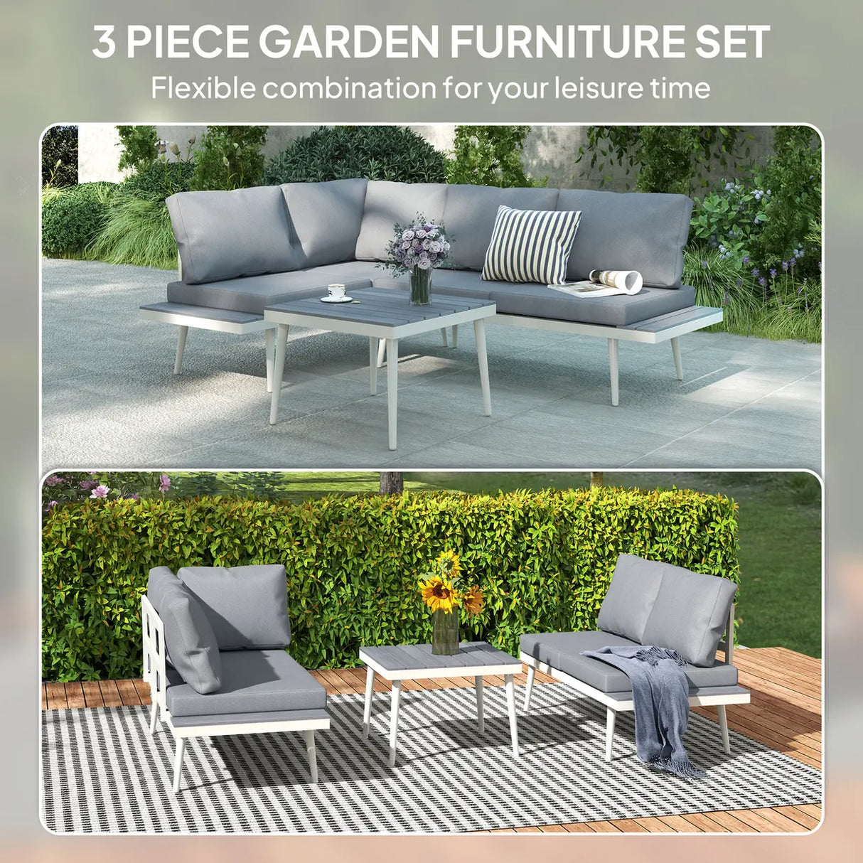 Outsunny 3 Piece Garden Furniture Set with 5-Level Adjustable Lounger, L Shaped Garden Corner Sofa with Cushions, Mesh Seat, Slatted Wood-Grain Table, Outdoor Furniture Set for Conservatory, Grey
