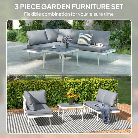 Outsunny 3 Piece Garden Furniture Set with 5-Level Adjustable Lounger, L Shaped Garden Corner Sofa with Cushions, Mesh Seat, Slatted Wood-Grain Table, Outdoor Furniture Set for Conservatory, Grey