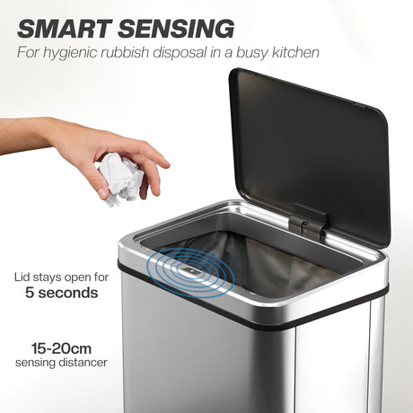 HOMCOM 40L Sensor Bin with Quiet Soft-Close Lid, Automatic Touchless Motion Sensor Kitchen Bin with Fingerprint Resistant Stainless Steel for Hygienic Gyms, Home Office Use, Silver Tone