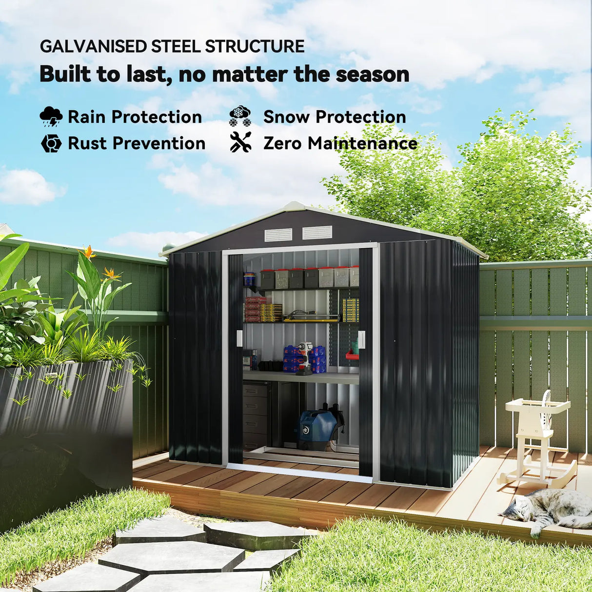 Outsunny 7 x 4ft Weatherproof Shed, Outdoor Bike Storage Shed with Ventilation Slots, Foundation Kit and Lockable Double Doors, Dark Grey