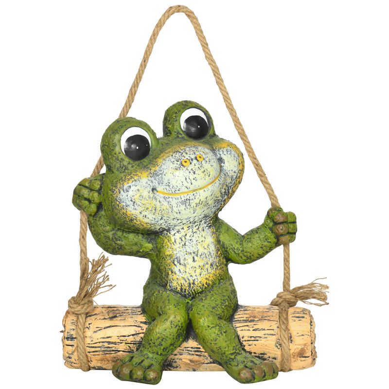 Outsunny Hanging Garden Statue, Vivid Frog on Swing Art Sculpture, Outdoor Ornament Home Decoration, Green