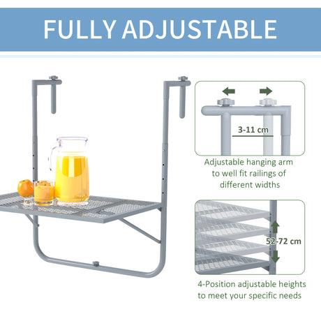 Outsunny Balcony Hanging Table, Metal Wall Mount Desk, Adjustable Folding Balcony Deck Table for Patio and Garden, Grey