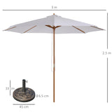 Outsunny 3 m Garden Parasol with Base, Pulley Operated Patio Umbrella, Wooden Parasol, Table Market Umbrella with Rope Pulley Mechanism and 8 Ribs, White