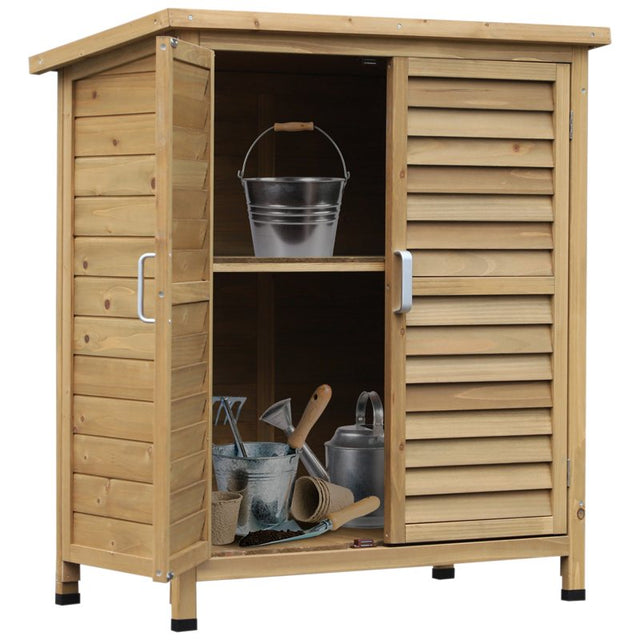 Outsunny Garden Shed Wooden Garden Storage Shed 2 Door Unit Solid Fir Wood Garage Tool Organisation Cabinet, 87L x 46.5W x 96.5Hcm, Natural