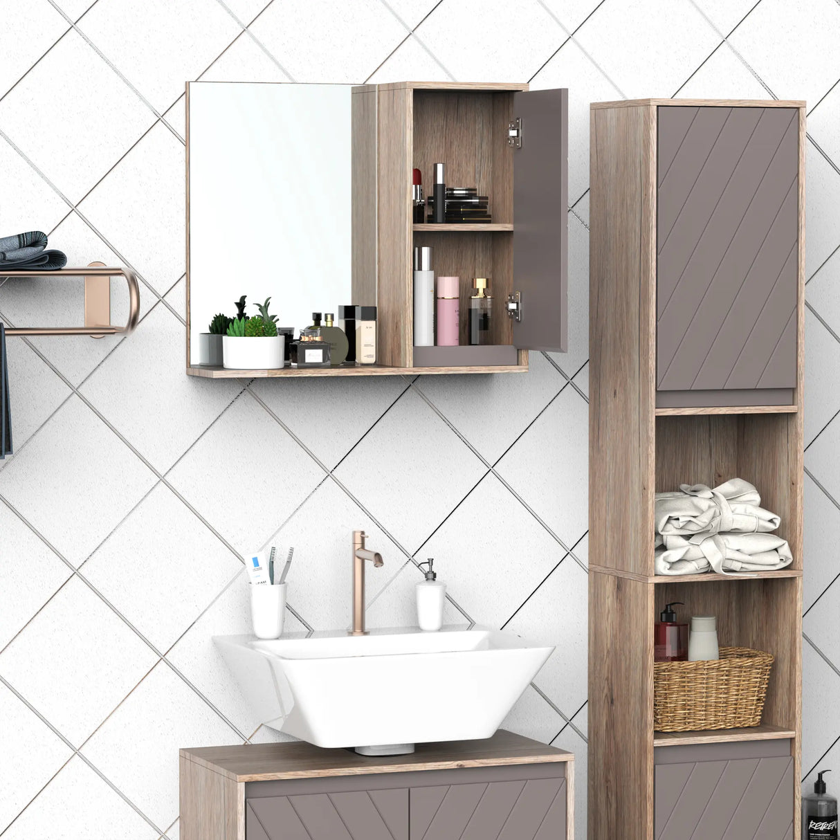 HOMCOM Bathroom Mirror Cabinet, Wall-Mounted Bathroom Cabinet with Mirror and Adjustable Inner Shelf,  57L x 14.2W x49.2H cm