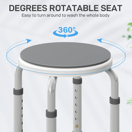 HOMCOM 360 Swivel Shower Chair, Height Adjustable Aluminium Shower Stool with Non-Slip Feet for Disabled, Elderly, Grey
