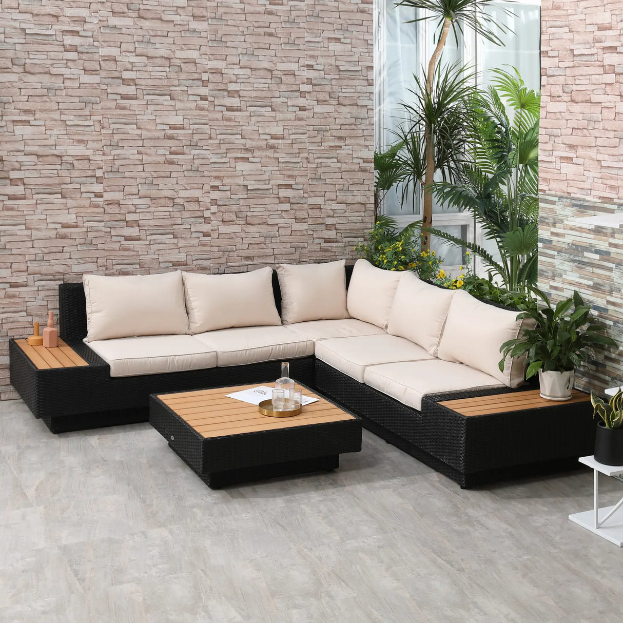 Outsunny 4 PCs Rattan Garden Furniture Outdoor Sectional Corner Sofa and Coffee Table Set  Conservatory Wicker Weave Furniture with Armrest and Cushions - Black