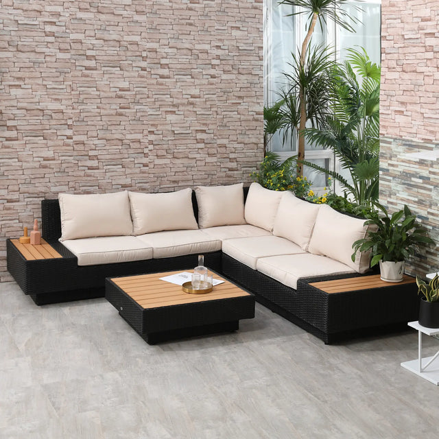 Outsunny 4 PCs Rattan Garden Furniture Outdoor Sectional Corner Sofa and Coffee Table Set  Conservatory Wicker Weave Furniture with Armrest and Cushions - Black