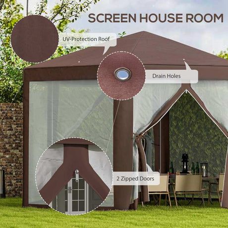 Outsunny Hexagonal Garden Gazebo Patio Party Outdoor Canopy Tent Sun Shelter with Mosquito Netting and Zipped Door, Brown