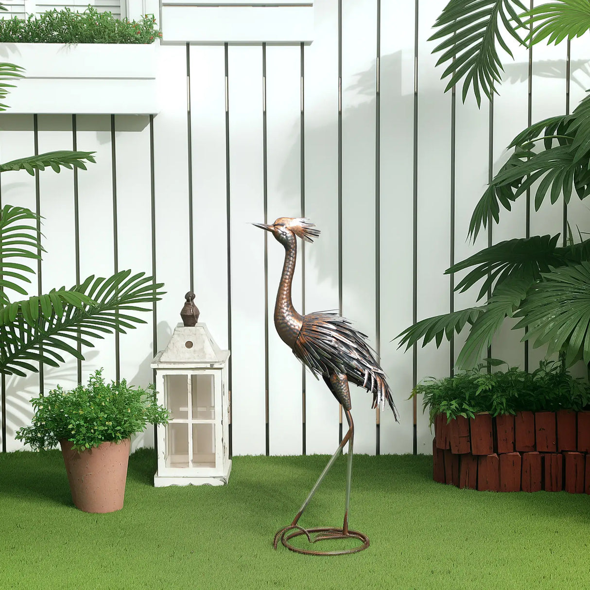 Outsunny Heron Garden Statue, Standing Garden Ornament, Metal Garden Gift with Stakes for Patio Pond Landscape Decoration, Silver Tone
