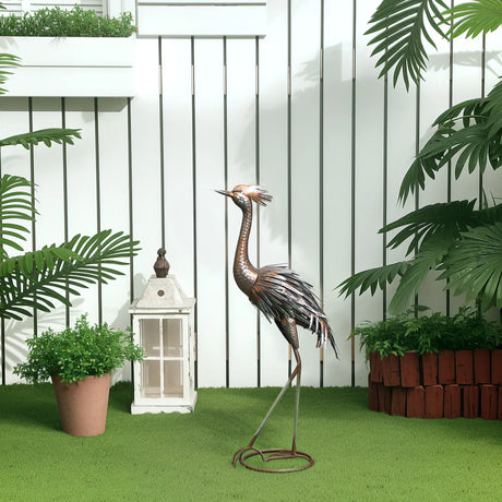Outsunny Heron Garden Statue, Standing Garden Ornament, Metal Garden Gift with Stakes for Patio Pond Landscape Decoration, Silver Tone