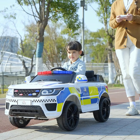 HOMCOM 12V Kids Electric Ride On Police Car 2 Motors with Parental Remote Control Siren Flashing Lights USB Portable for 3-6 Years White