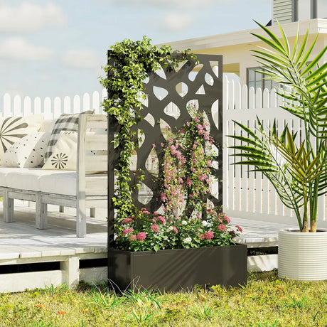 Outsunny Metal Raised Garden Bed with Trellis, Outdoor Planter Box with Privacy Screen, Elevated Garden Box for Climbing Plants