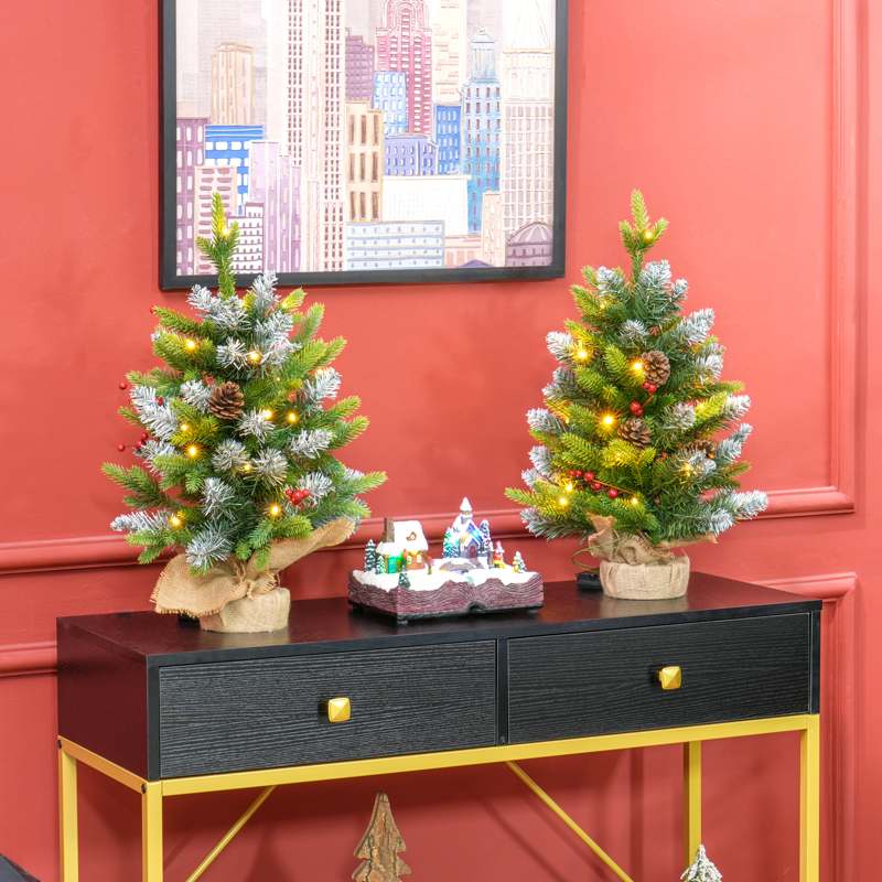 HOMCOM Set of Two 2ft Christmas Trees, with Lights, Berries and Pinecones