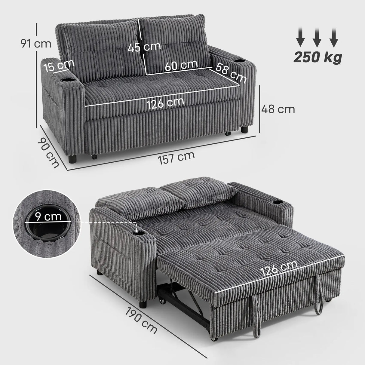 HOMCOM 2 Seater Click Clack Sofa Bed with Pull Out Design, Corduroy Upholstery - Charcoal Grey