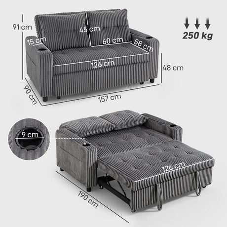HOMCOM 2 Seater Click Clack Sofa Bed with Pull Out Design, Corduroy Upholstery - Charcoal Grey