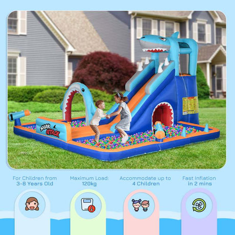 Outsunny 6 in 1 Shark-Themed Bouncy Castle, Inflatable Water Park, with Slide, Pool, Trampoline, Blower, for Ages 3-8 Years