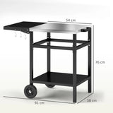 Outsunny BBQ Trolley with Stainless Steel Top and Foldable Side Table, Outdoor Kitchen Barbecue Station with Hooks and Shelf, Pizza Oven Table Movable Outdoor Grill Dining Cart with Cover, Black